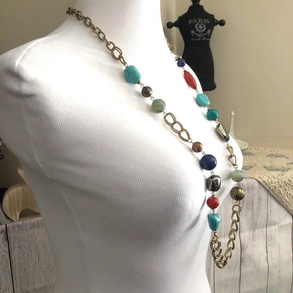 Colorful Long Beaded Necklace on a Gold Tone Chain - Picture 3 of 7